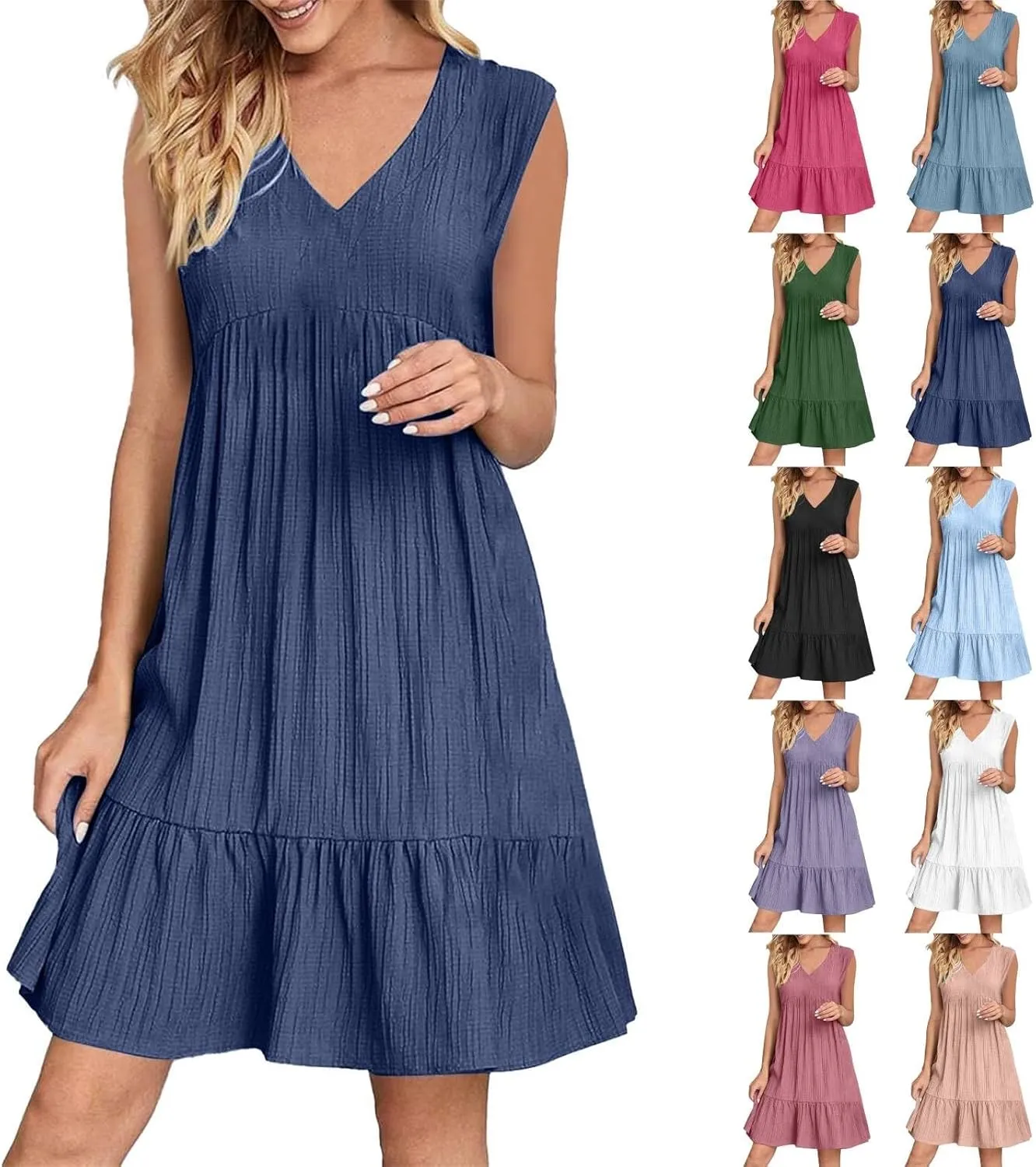 Summer Dresses for Women 2025 Sleeveless v Neck Mini Shirt Dress Casual Pleated Boho Ruffle A Line Swing Sundresses