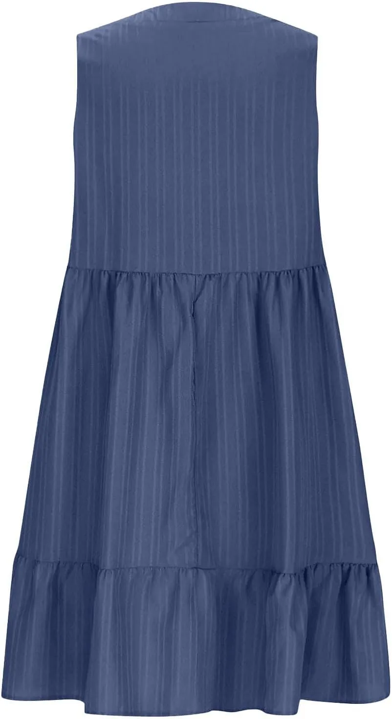 Summer Dresses for Women 2025 Sleeveless v Neck Mini Shirt Dress Casual Pleated Boho Ruffle A Line Swing Sundresses