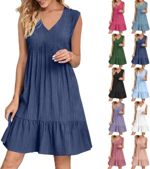 Summer Dresses for Women 2025 Sleeveless v Neck Mini Shirt Dress Casual Pleated Boho Ruffle A Line Swing Sundresses