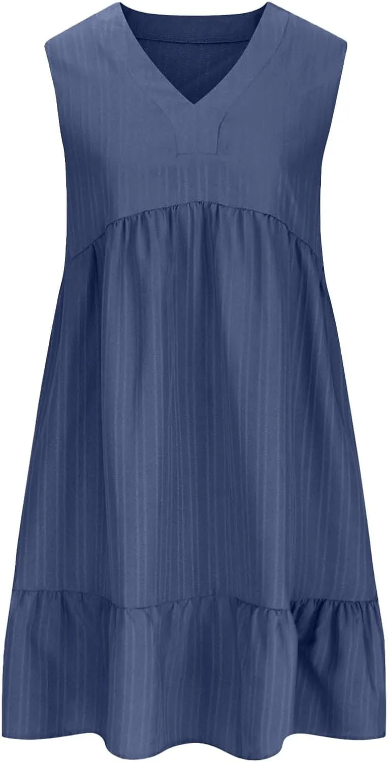 Summer Dresses for Women 2025 Sleeveless v Neck Mini Shirt Dress Casual Pleated Boho Ruffle A Line Swing Sundresses