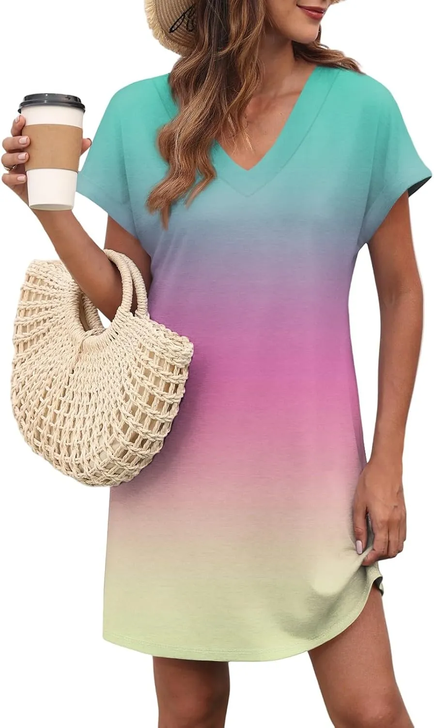 Summer Dresses for Women 2025 Trendy V Neck Tie Dye Short Sleeve Dress Casual Loose Holiday Beach Mini Sundress
