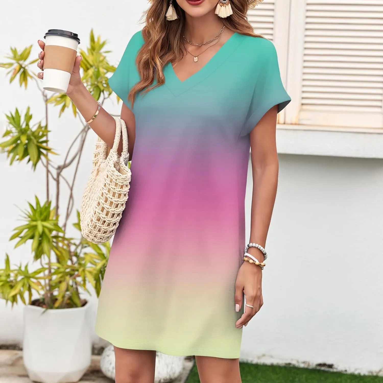 Summer Dresses for Women 2025 Trendy V Neck Tie Dye Short Sleeve Dress Casual Loose Holiday Beach Mini Sundress