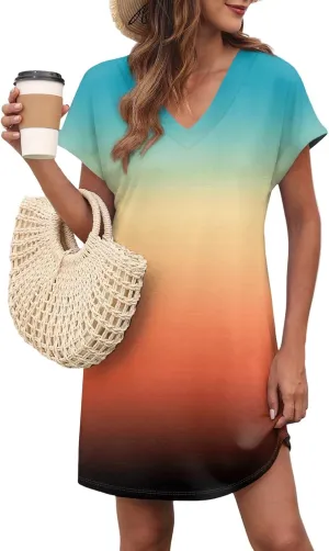 Summer Dresses for Women 2025 Trendy V Neck Tie Dye Short Sleeve Dress Casual Loose Holiday Beach Mini Sundress