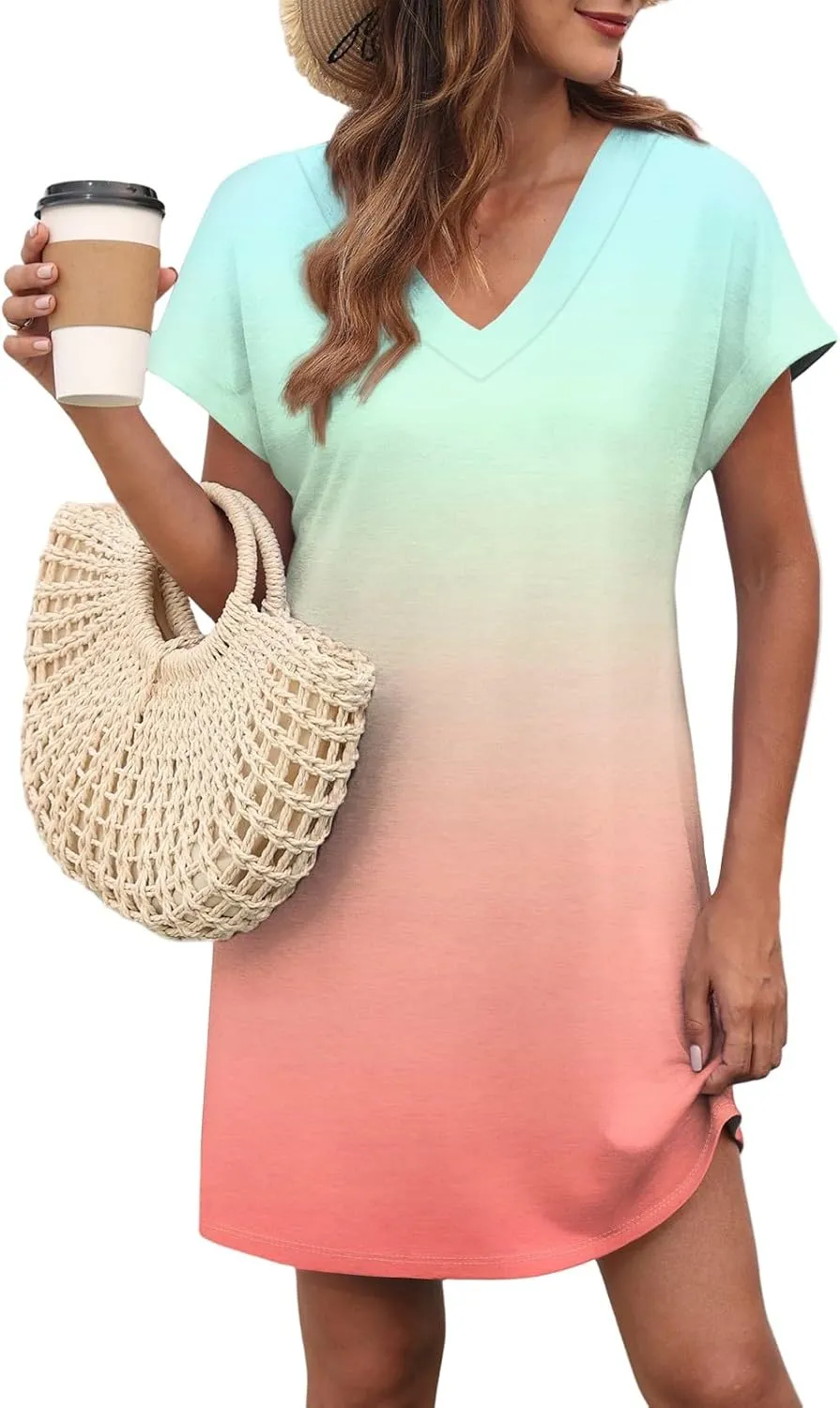 Summer Dresses for Women 2025 Trendy V Neck Tie Dye Short Sleeve Dress Casual Loose Holiday Beach Mini Sundress