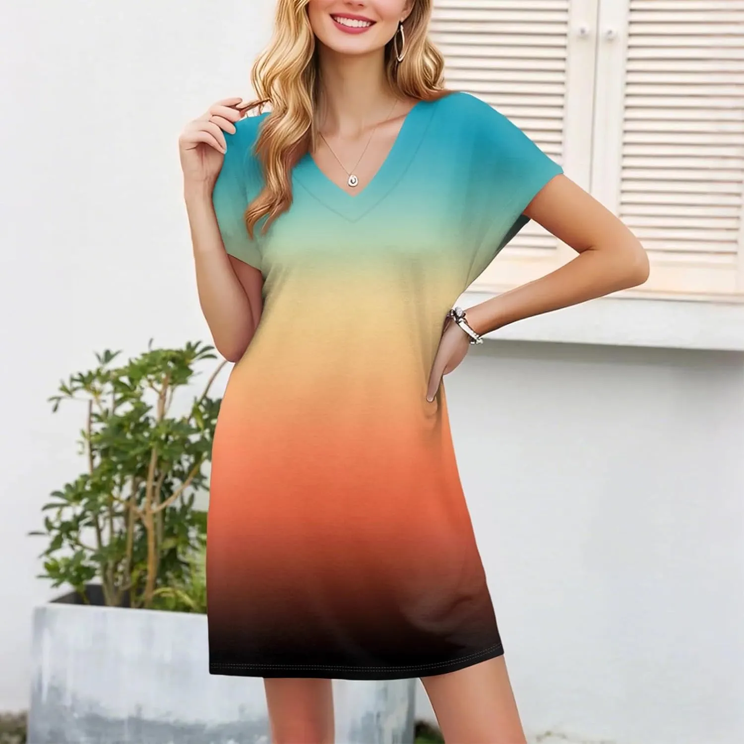 Summer Dresses for Women 2025 Trendy V Neck Tie Dye Short Sleeve Dress Casual Loose Holiday Beach Mini Sundress