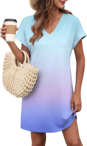 Summer Dresses for Women 2025 Trendy V Neck Tie Dye Short Sleeve Dress Casual Loose Holiday Beach Mini Sundress