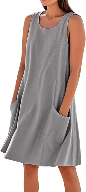 Tank Dresses for Women Trendy Sleeveless Boho Dress Flowy Mini Sundresses Casual Scoop Neck Summer Sundress with Pocket