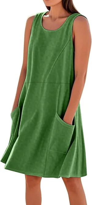 Tank Dresses for Women Trendy Sleeveless Boho Dress Flowy Mini Sundresses Casual Scoop Neck Summer Sundress with Pocket