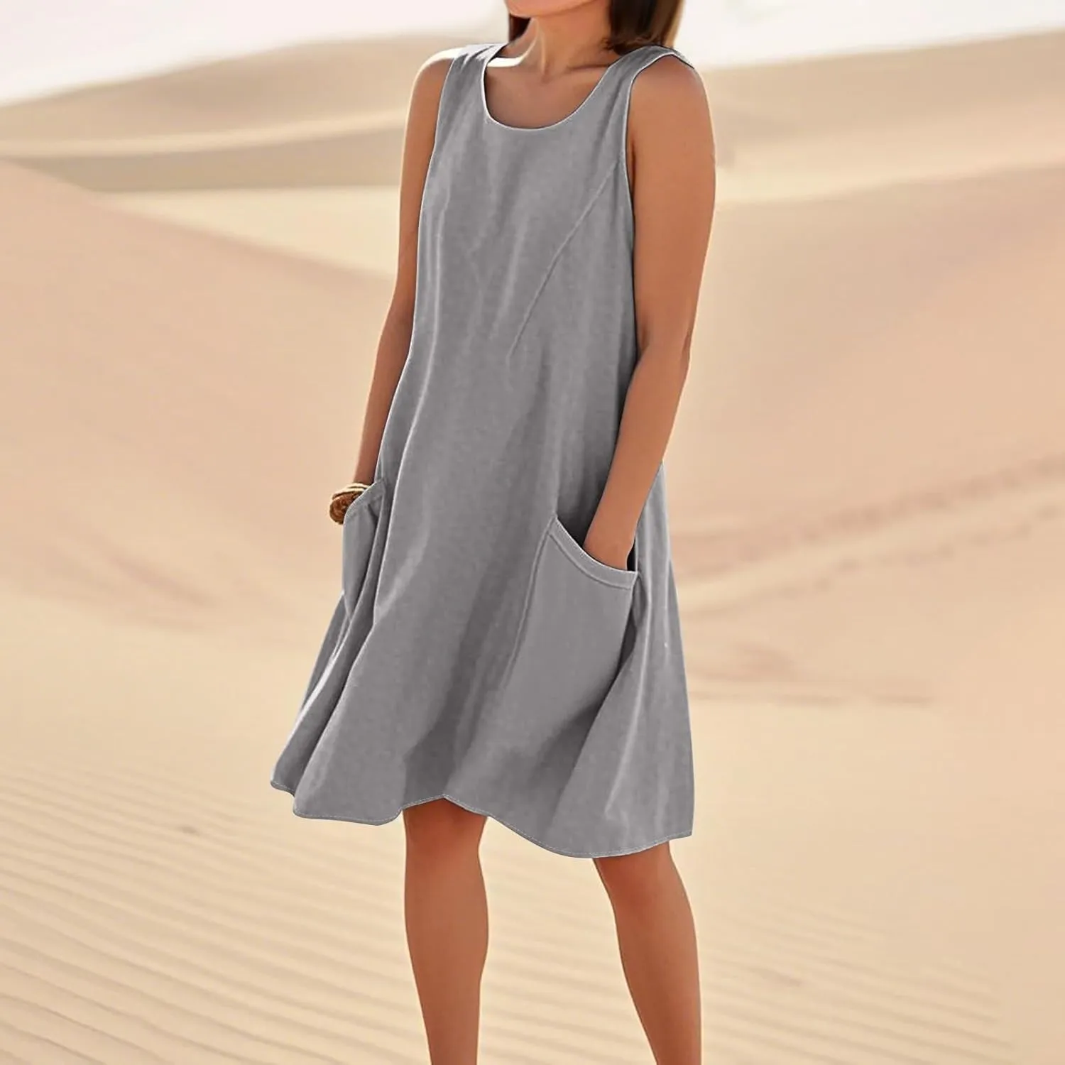 Tank Dresses for Women Trendy Sleeveless Boho Dress Flowy Mini Sundresses Casual Scoop Neck Summer Sundress with Pocket