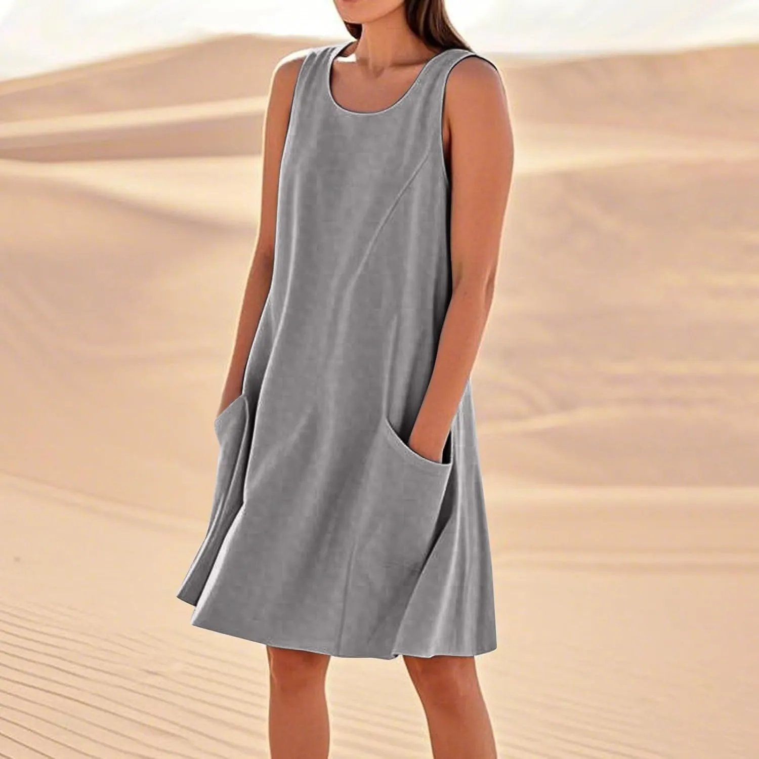 Tank Dresses for Women Trendy Sleeveless Boho Dress Flowy Mini Sundresses Casual Scoop Neck Summer Sundress with Pocket