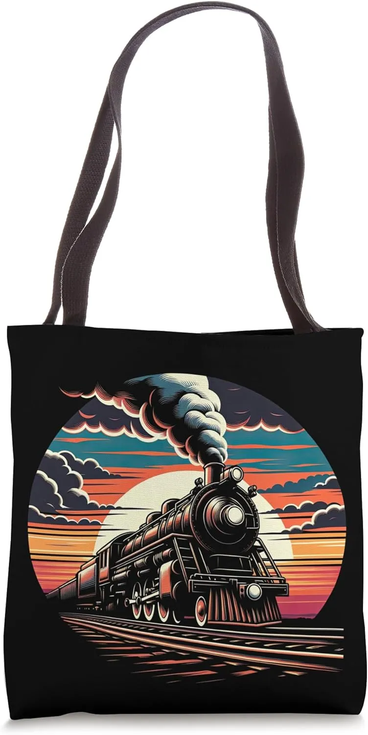 Vintage Steam Engine Train Locomotive Cool Sunset Railroad Tote Bag