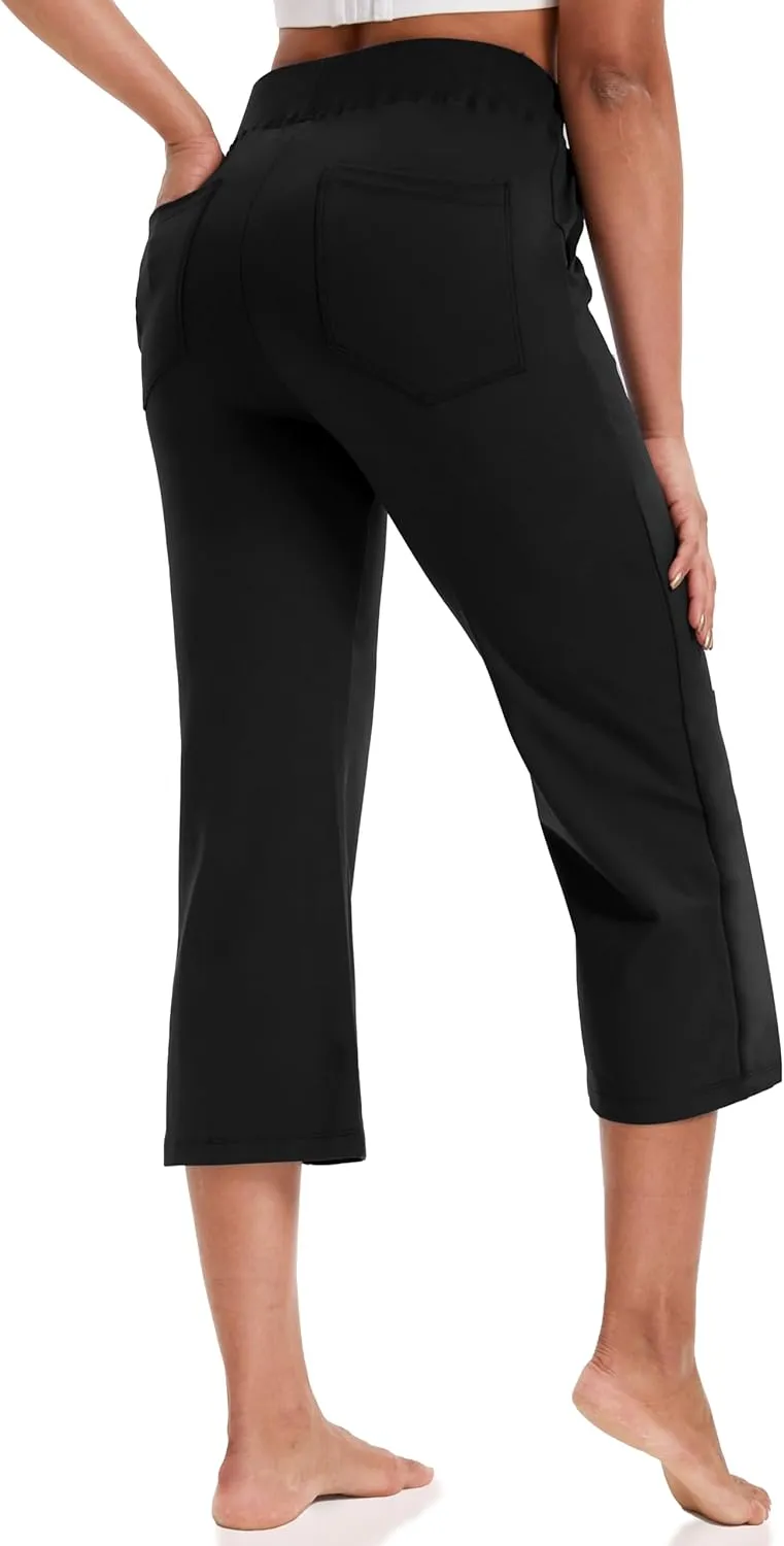 VOOVEEYA Yoga Capri Pants for Women, Crop Leggings with Pockets High Waisted Casual Straight Leg Pants
