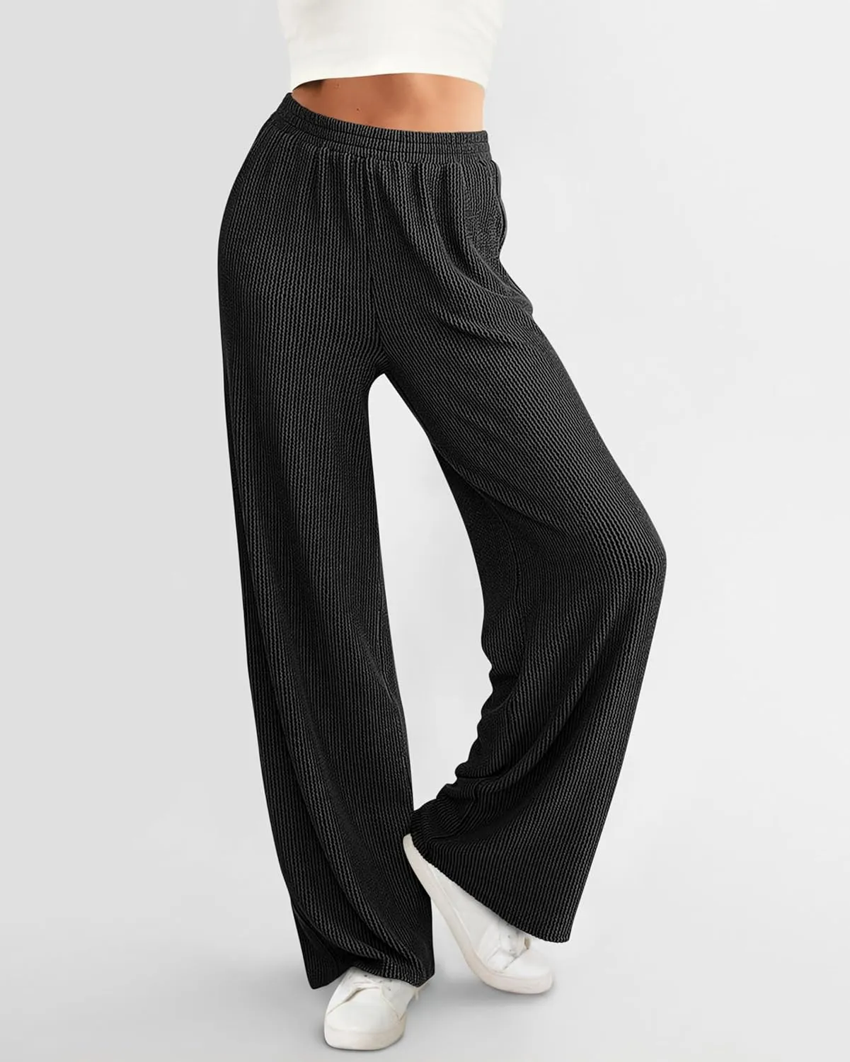 WICIWI Women's Casual Wide Leg Pants Fall Winter Elastic Waist Loose Rib Knit Lounge Palazzo Trousers with Pockets