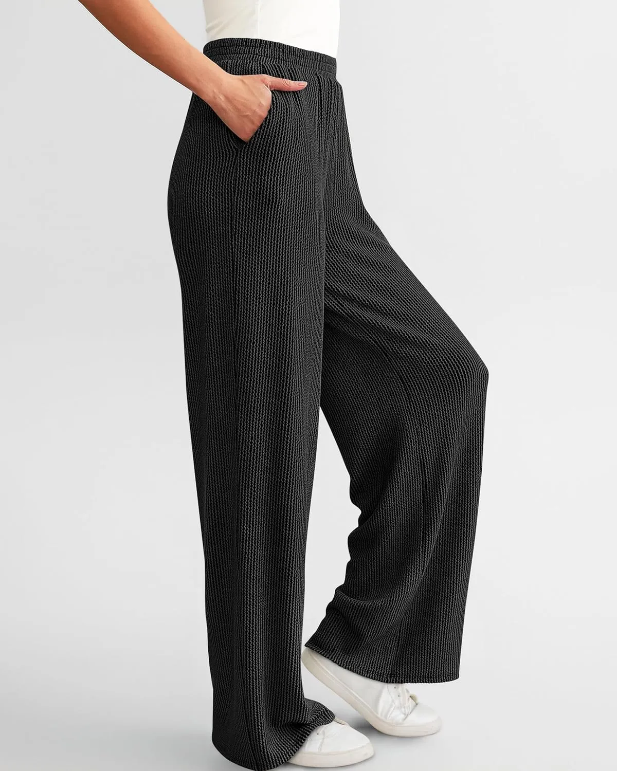 WICIWI Women's Casual Wide Leg Pants Fall Winter Elastic Waist Loose Rib Knit Lounge Palazzo Trousers with Pockets