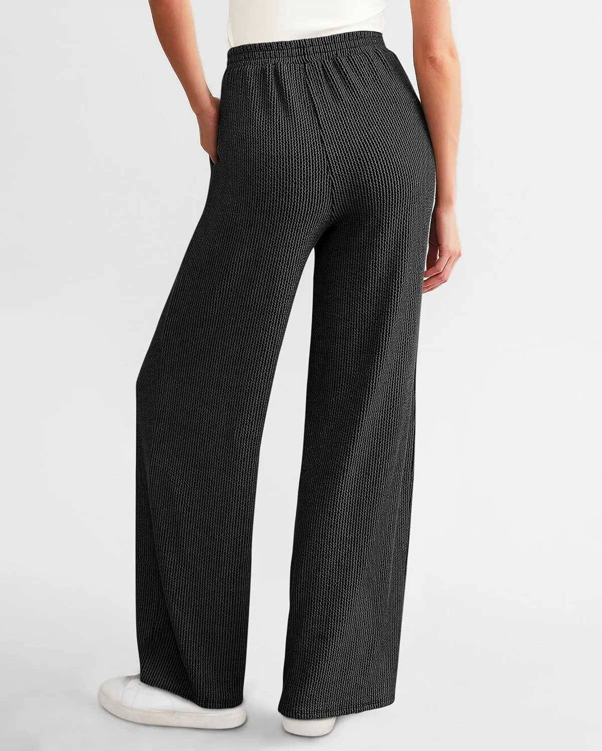 WICIWI Women's Casual Wide Leg Pants Fall Winter Elastic Waist Loose Rib Knit Lounge Palazzo Trousers with Pockets