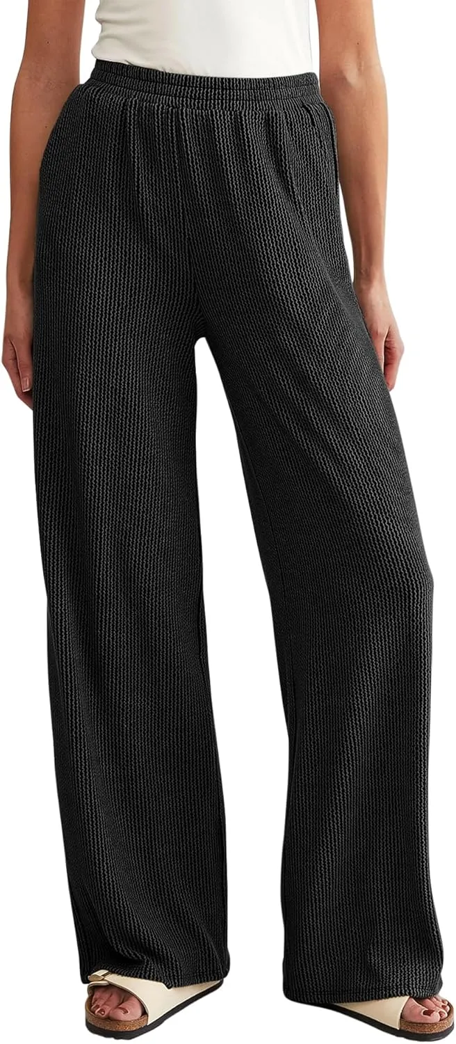 WICIWI Women's Casual Wide Leg Pants Fall Winter Elastic Waist Loose Rib Knit Lounge Palazzo Trousers with Pockets