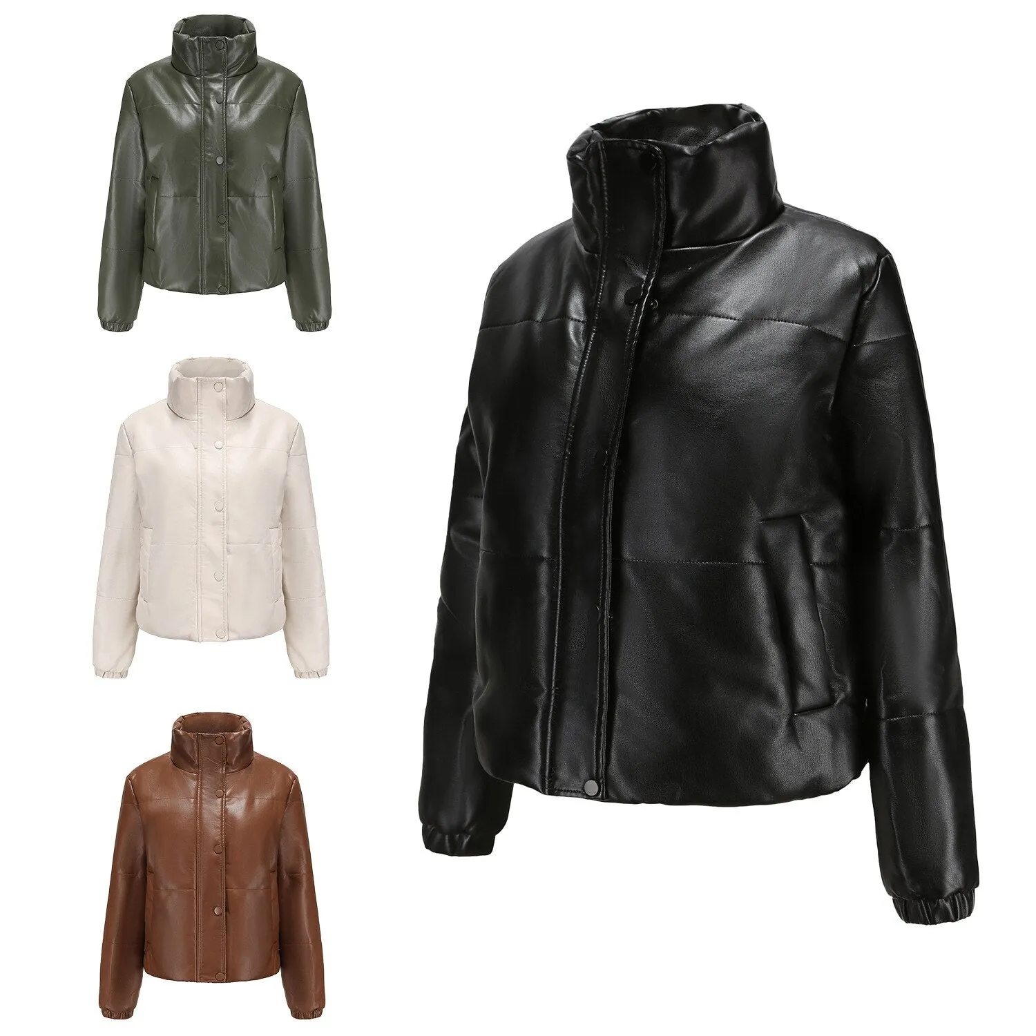 Women Autumn Winter Leather Cotton Coats Fashion Bread Jacket Thick Warm Outerwear - WJK2612