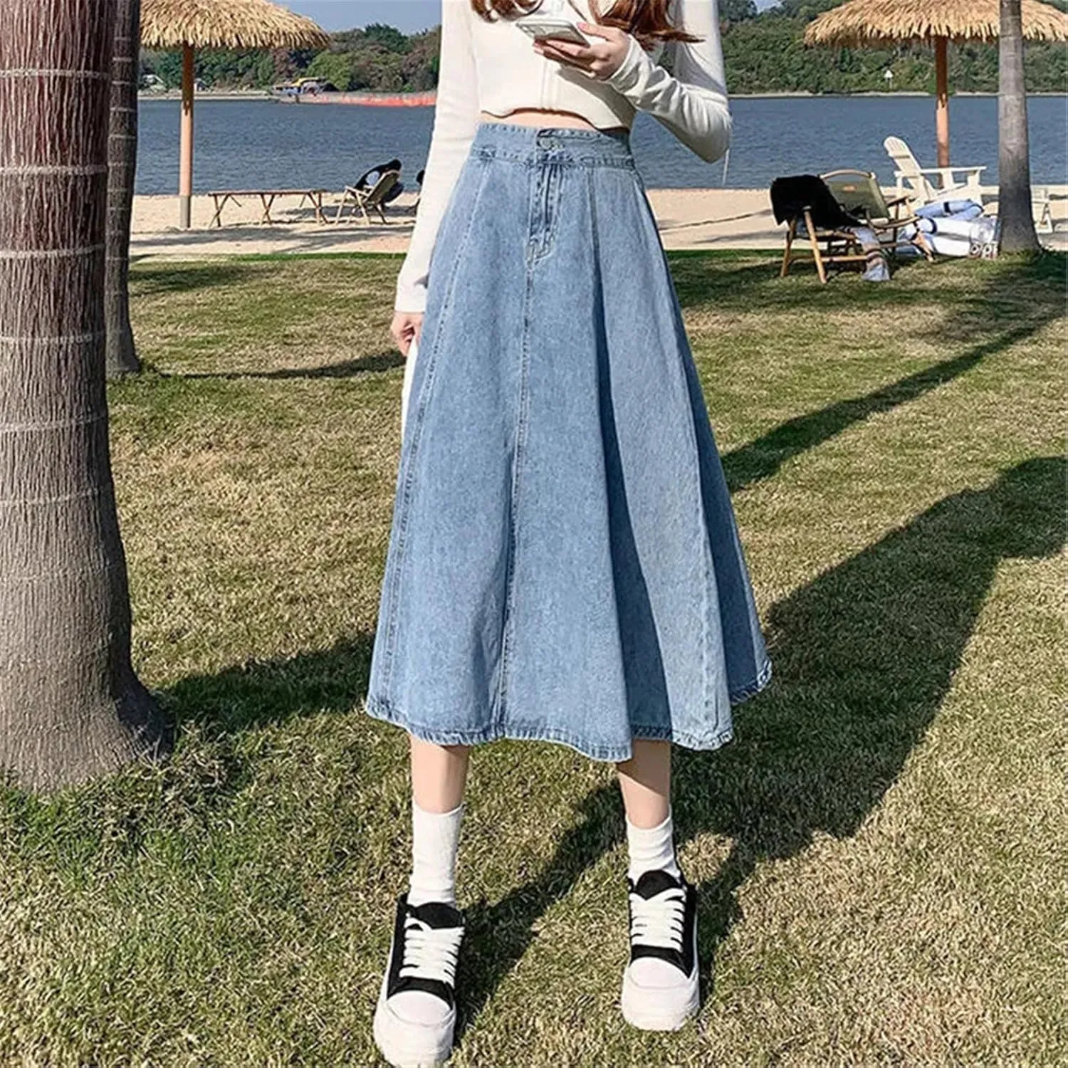Women Denim Skirt Women Plus Size Long Jeans Skirt Elastic Pleated Midi Skirts Casual Loose High Waist A-Line Skirts