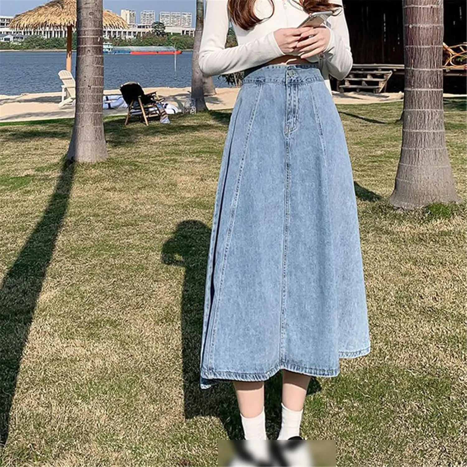 Women Denim Skirt Women Plus Size Long Jeans Skirt Elastic Pleated Midi Skirts Casual Loose High Waist A-Line Skirts