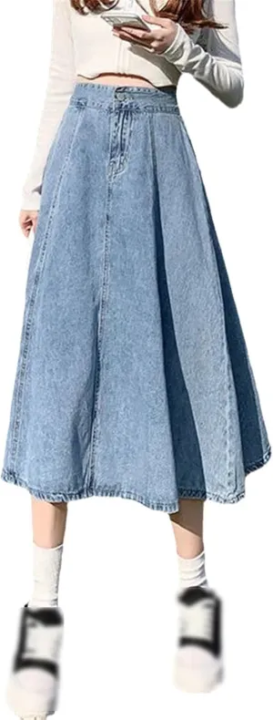 Women Denim Skirt Women Plus Size Long Jeans Skirt Elastic Pleated Midi Skirts Casual Loose High Waist A-Line Skirts