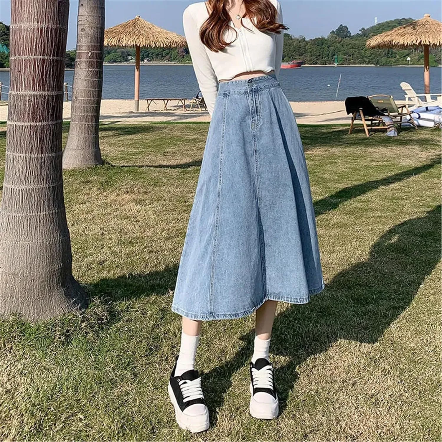 Women Denim Skirt Women Plus Size Long Jeans Skirt Elastic Pleated Midi Skirts Casual Loose High Waist A-Line Skirts