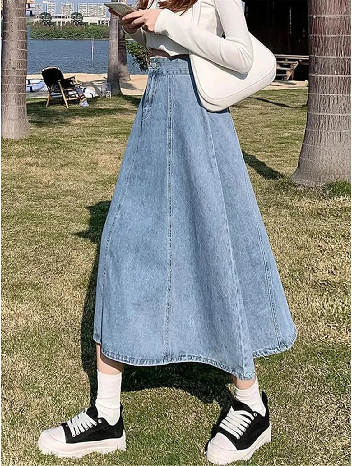 Women Denim Skirt Women Plus Size Long Jeans Skirt Elastic Pleated Midi Skirts Casual Loose High Waist A-Line Skirts