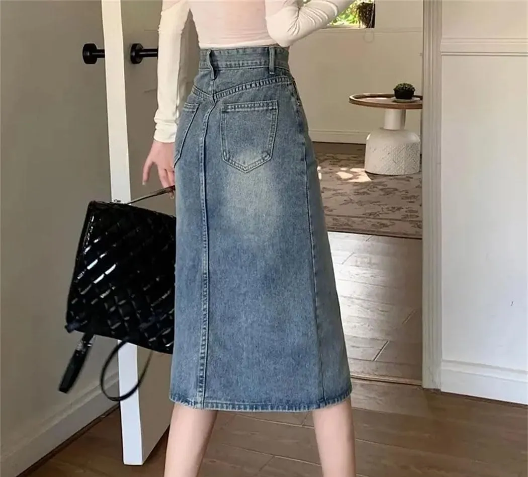 Women Korean Style High Waisted Split Denim Skirt Loose Thin Long A-Line Jean Bodycon Skirt