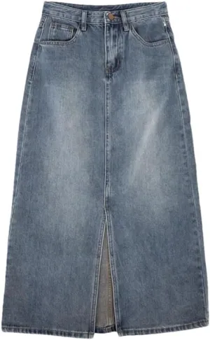 Women Korean Style High Waisted Split Denim Skirt Loose Thin Long A-Line Jean Bodycon Skirt