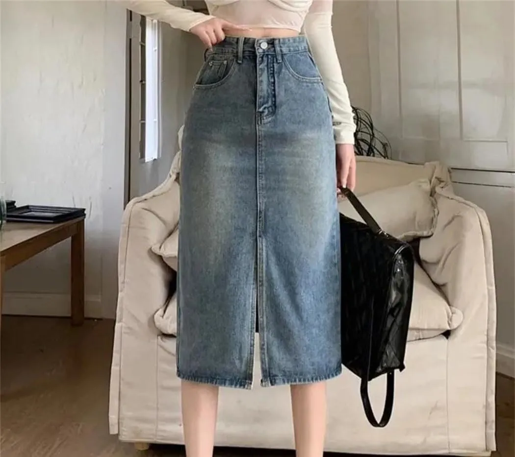 Women Korean Style High Waisted Split Denim Skirt Loose Thin Long A-Line Jean Bodycon Skirt