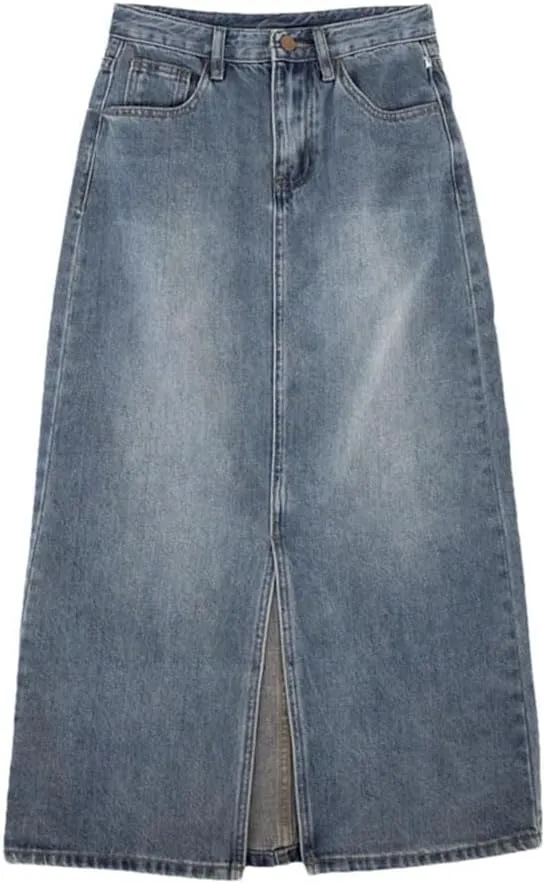 Women Korean Style High Waisted Split Denim Skirt Loose Thin Long A-Line Jean Bodycon Skirt