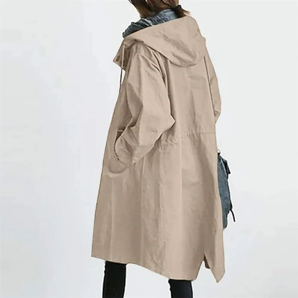 Women Long Rain Jacket Waterproof Lightweight Loose Hooded Trench Jackets Waterproof Lapel Slim Fall Raincoat