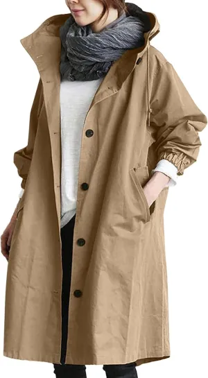 Women Long Rain Jacket Waterproof Lightweight Loose Hooded Trench Jackets Waterproof Lapel Slim Fall Raincoat
