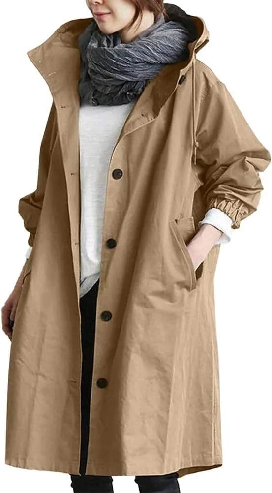 Women Long Rain Jacket Waterproof Lightweight Loose Hooded Trench Jackets Waterproof Lapel Slim Fall Raincoat