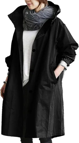 Women Long Rain Jacket Waterproof Lightweight Loose Hooded Trench Jackets Waterproof Lapel Slim Fall Raincoat