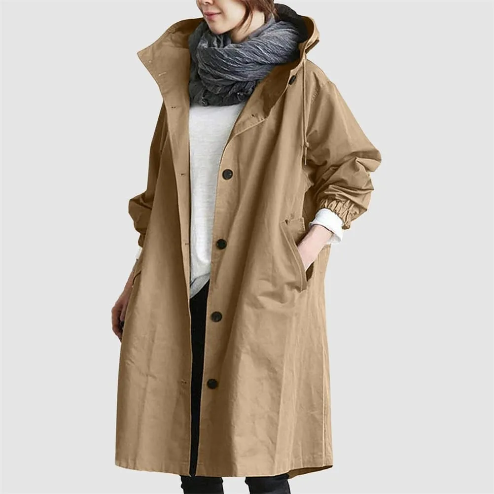 Women Long Rain Jacket Waterproof Lightweight Loose Hooded Trench Jackets Waterproof Lapel Slim Fall Raincoat