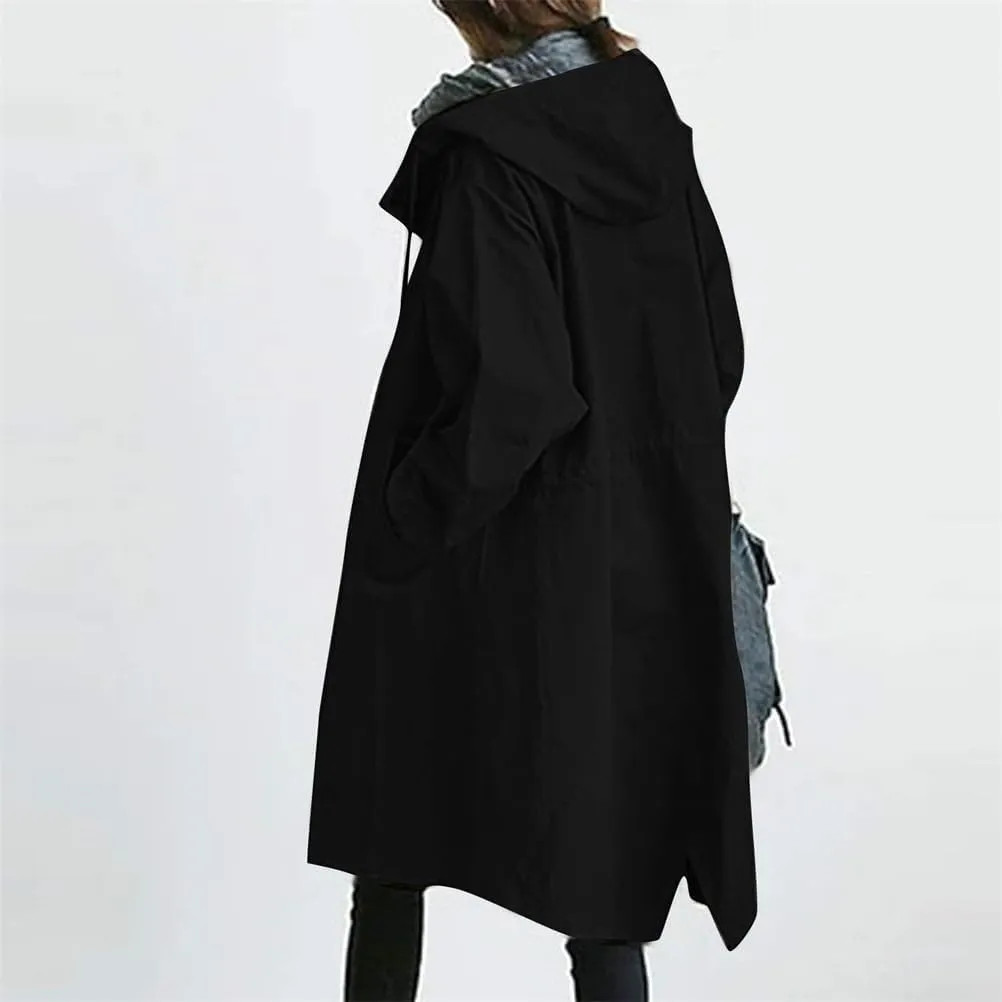 Women Long Rain Jacket Waterproof Lightweight Loose Hooded Trench Jackets Waterproof Lapel Slim Fall Raincoat