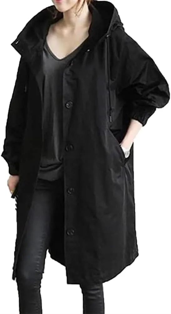 Women Long Rain Jacket Waterproof Lightweight Loose Hooded Trench Jackets Waterproof Lapel Slim Fall Raincoat