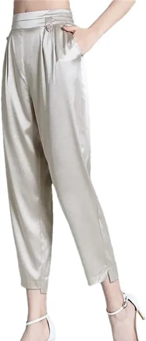 Women Mulberry Silk Pants Summer High Waist Casual Thin Trousers Wedding Party Loose Harem Pants