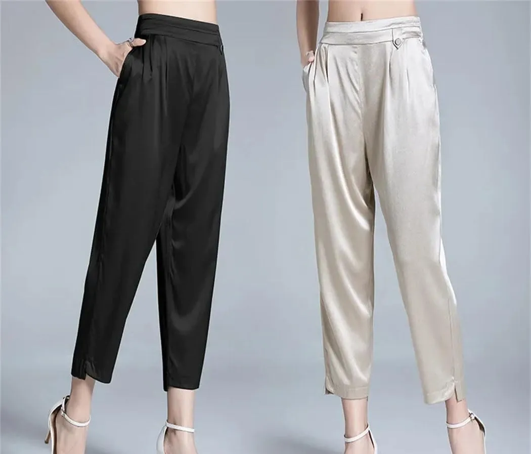 Women Mulberry Silk Pants Summer High Waist Casual Thin Trousers Wedding Party Loose Harem Pants