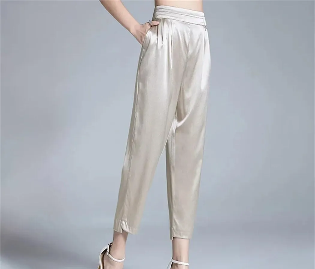 Women Mulberry Silk Pants Summer High Waist Casual Thin Trousers Wedding Party Loose Harem Pants