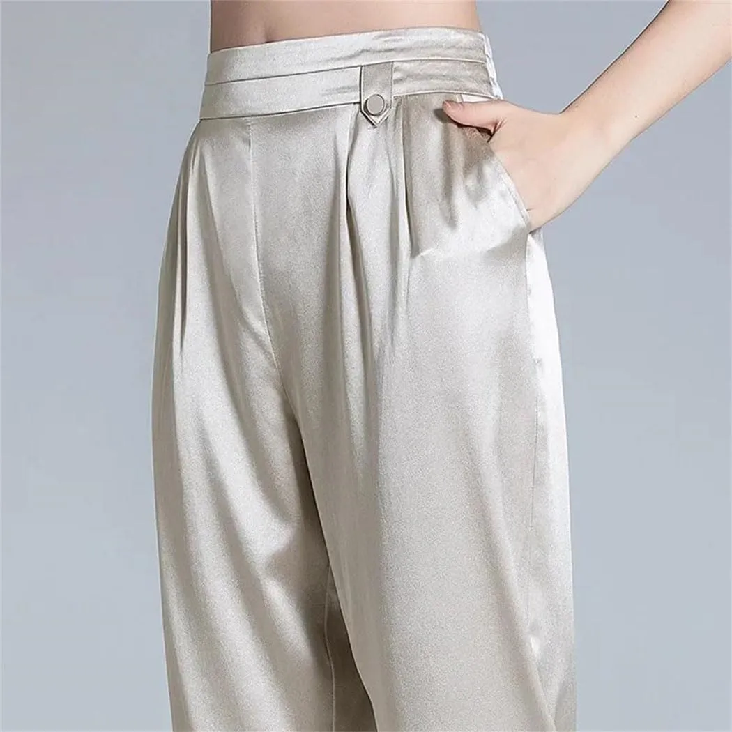 Women Mulberry Silk Pants Summer High Waist Casual Thin Trousers Wedding Party Loose Harem Pants