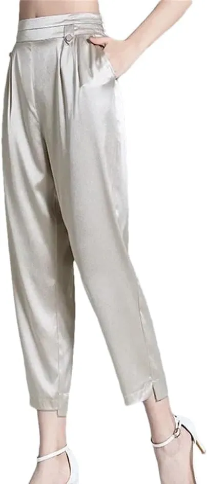 Women Mulberry Silk Pants Summer High Waist Casual Thin Trousers Wedding Party Loose Harem Pants