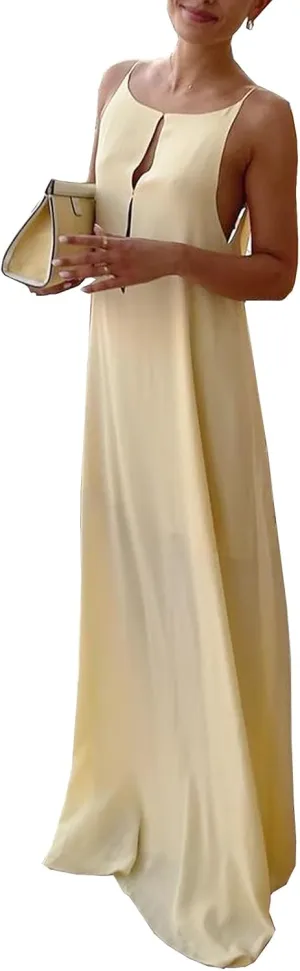Women Sexy Hollow Out Maxi Dress Spaghetti Strap Backless Cami Long Dress Summer Beach Party Formal Satin Sundress