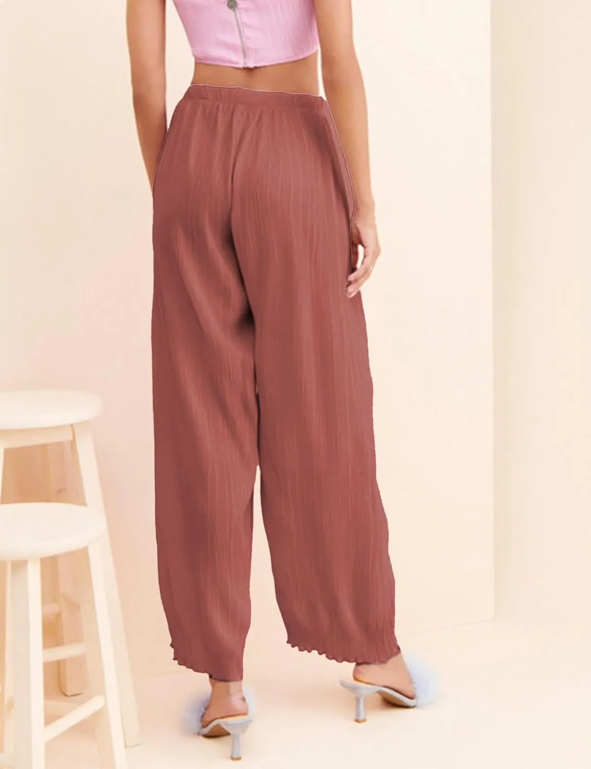 Women's Casual Wide Leg Pleated Pants Baggy Elastic Waisted Palazzo Harem Pants