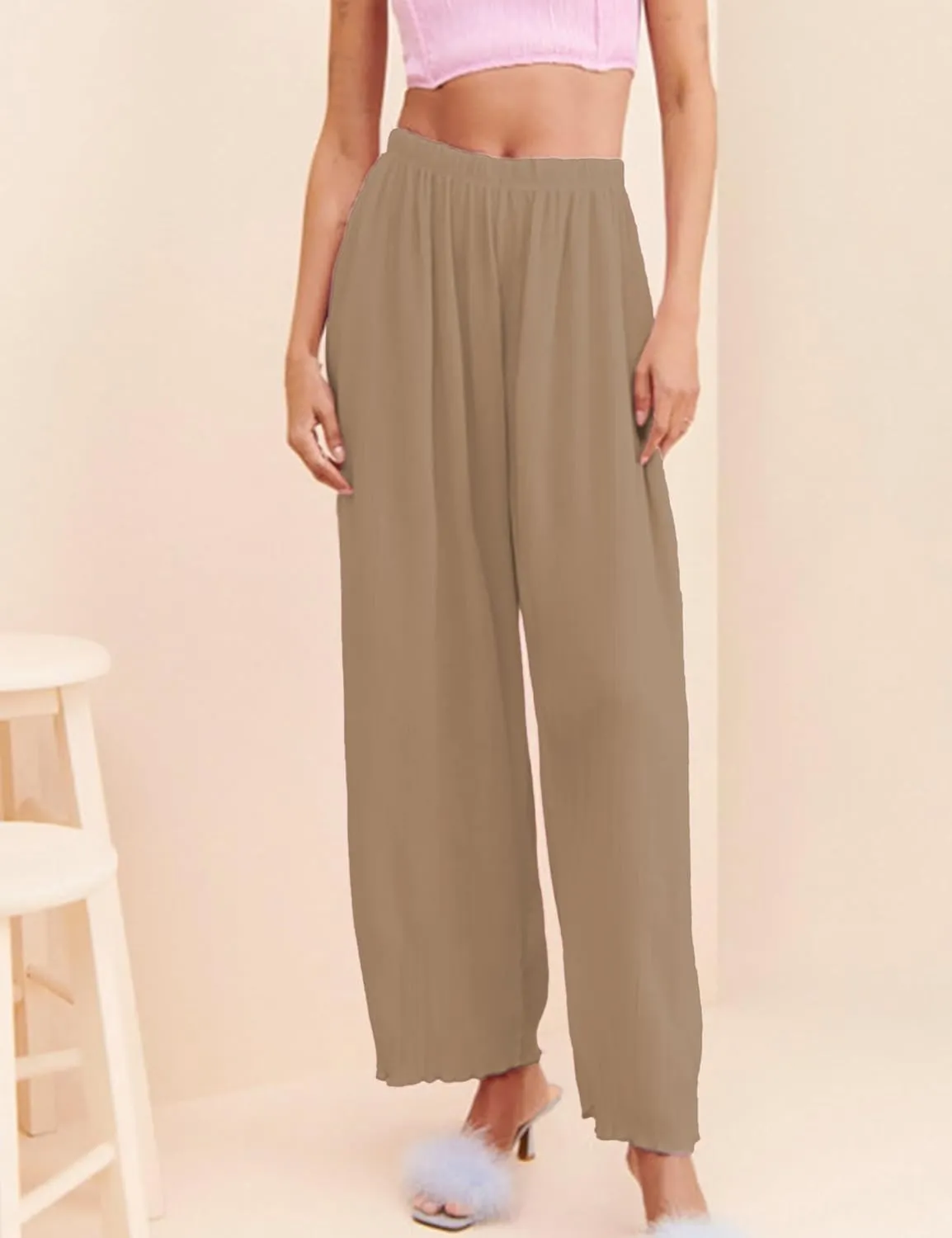 Women's Casual Wide Leg Pleated Pants Baggy Elastic Waisted Palazzo Harem Pants