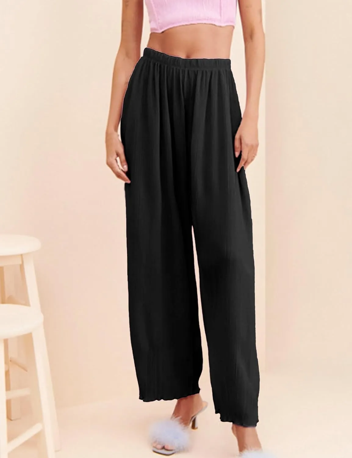 Women's Casual Wide Leg Pleated Pants Baggy Elastic Waisted Palazzo Harem Pants