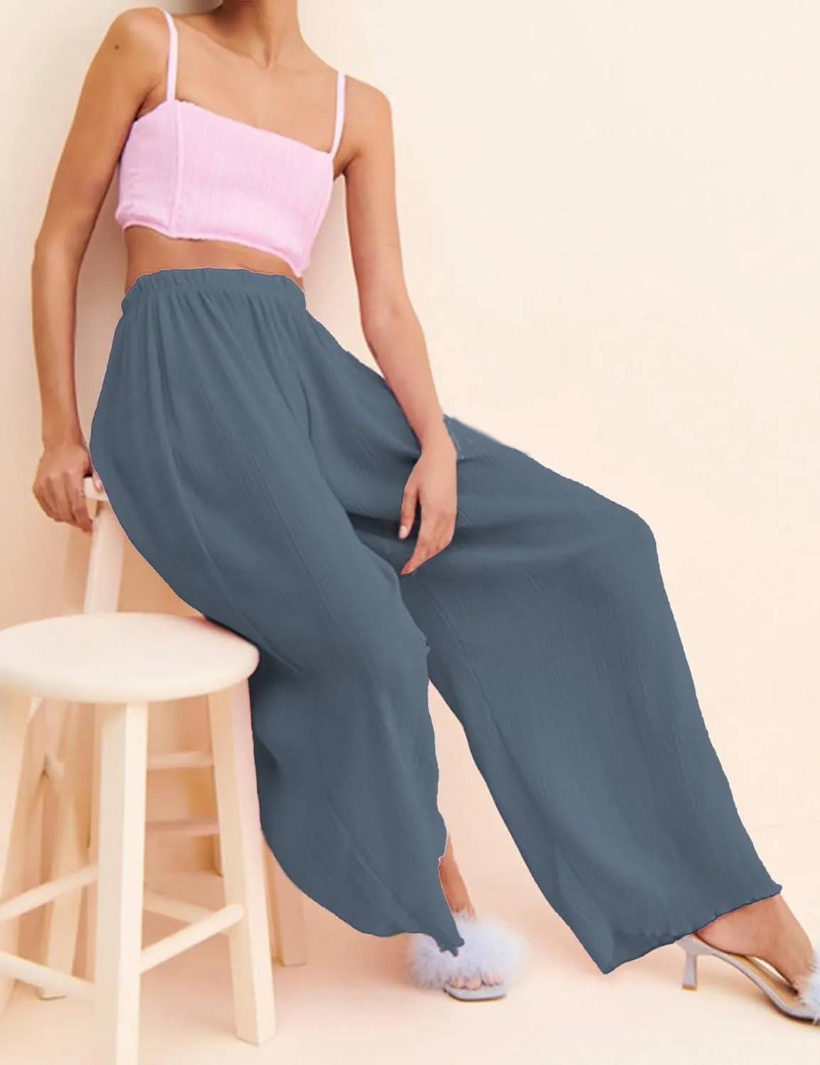 Women's Casual Wide Leg Pleated Pants Baggy Elastic Waisted Palazzo Harem Pants