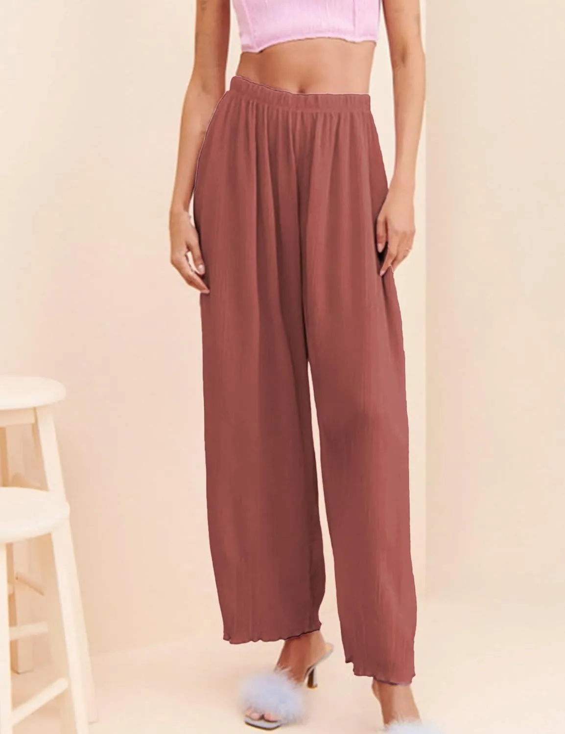Women's Casual Wide Leg Pleated Pants Baggy Elastic Waisted Palazzo Harem Pants