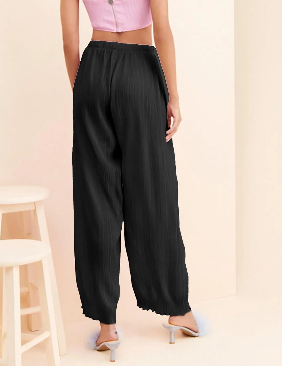 Women's Casual Wide Leg Pleated Pants Baggy Elastic Waisted Palazzo Harem Pants
