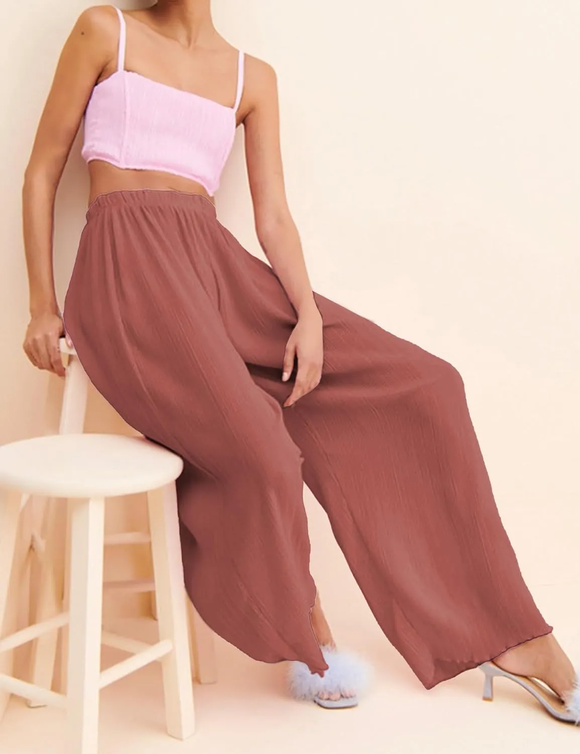 Women's Casual Wide Leg Pleated Pants Baggy Elastic Waisted Palazzo Harem Pants
